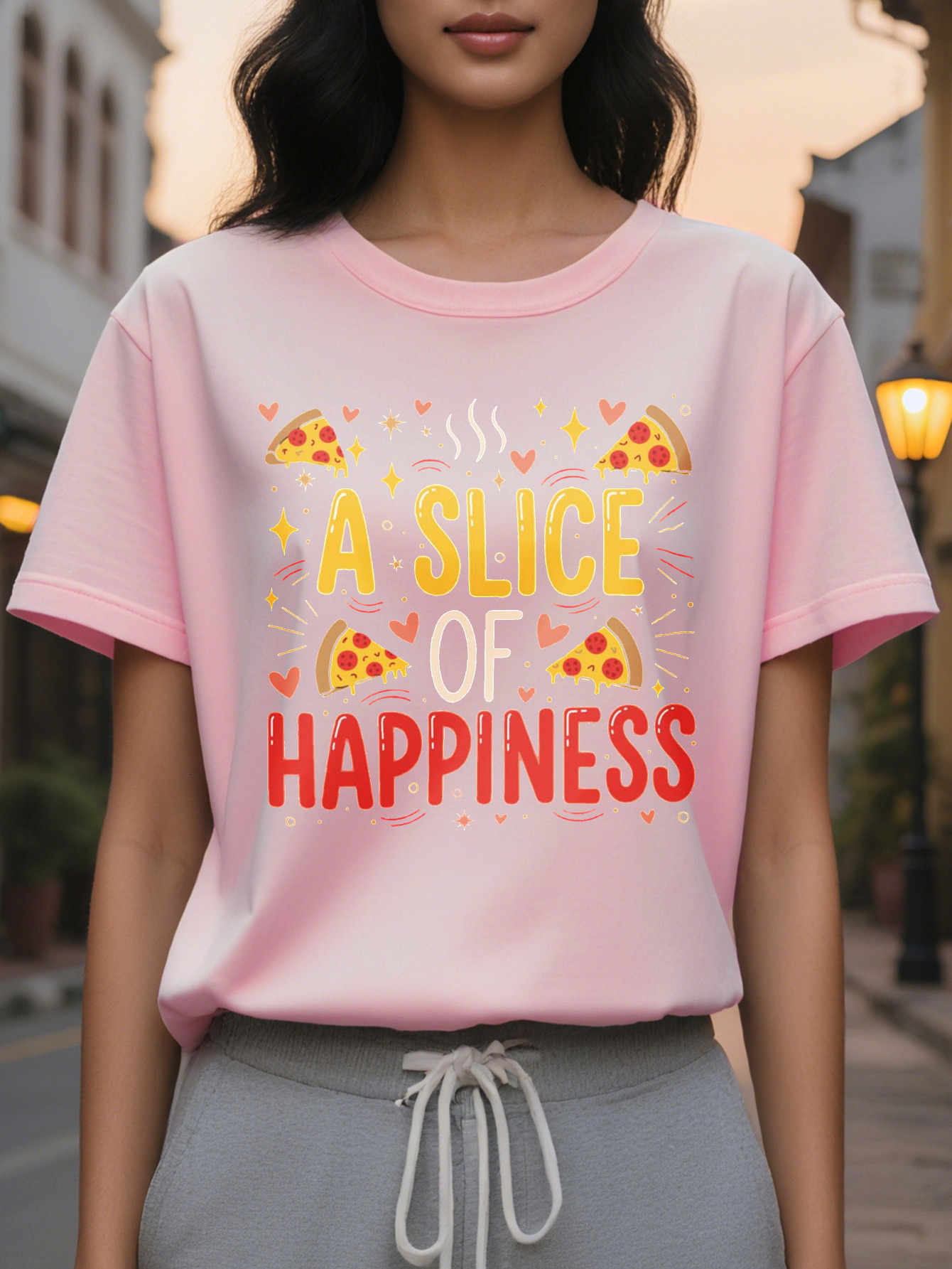 Women's Fun Pizza Lover T-shirt One pattern with pepperoni cheese casual round neck short sleeve summer top party