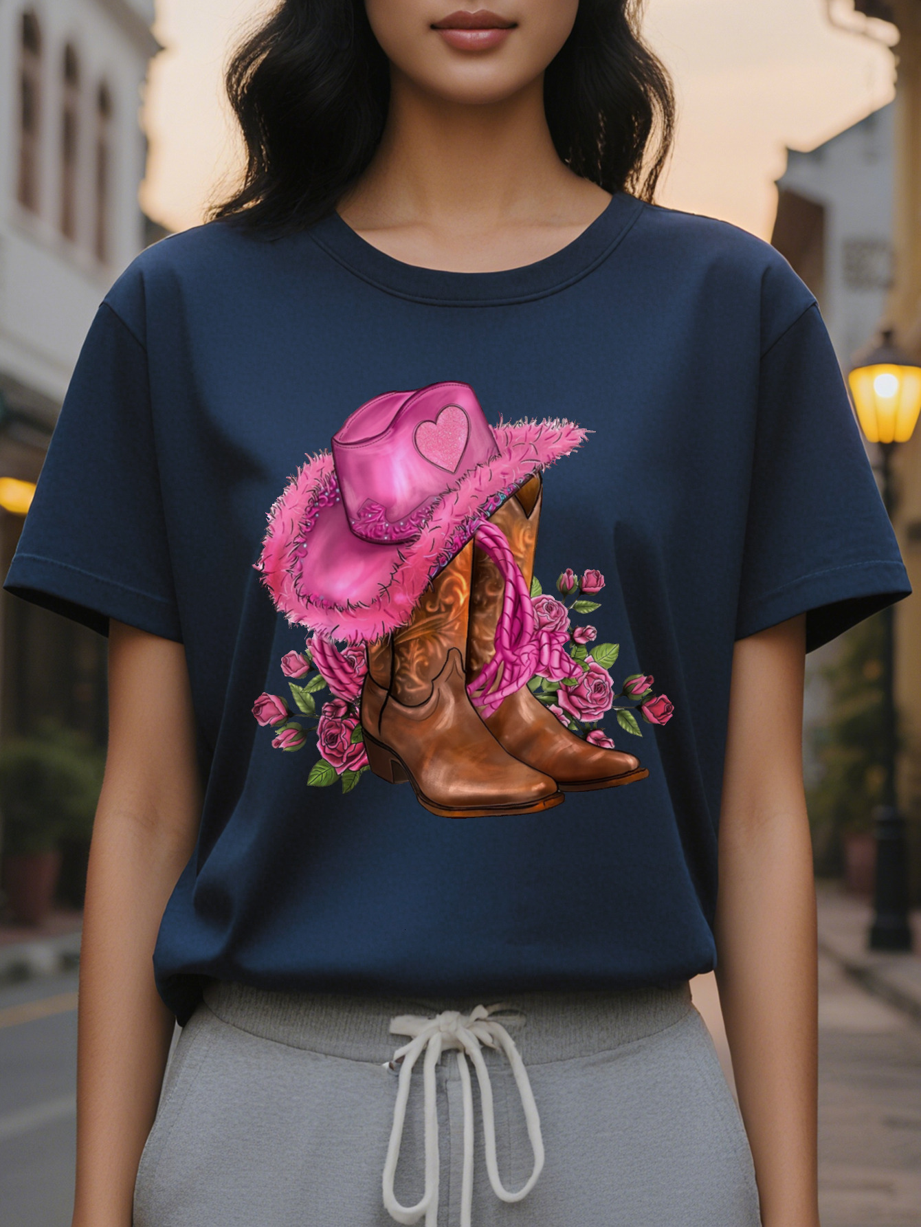 Cowboy and floral print round neck T-shirt, casual short sleeve summer top for women's clothing