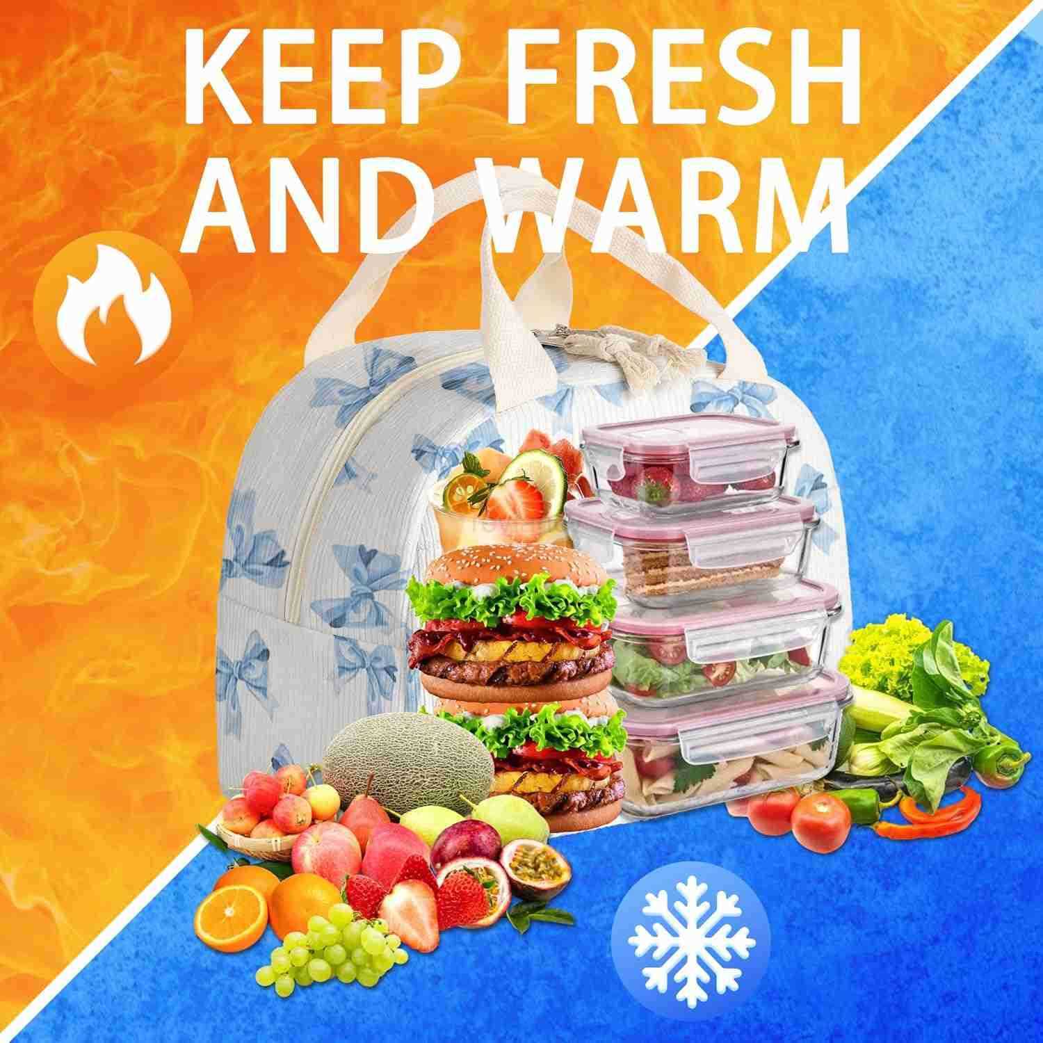 Lunch Box for Women and MenInsulated Corduroy Fabric Lunch Bags for WorkLeakproof Adults Cooler Tote Bag for OfficesPicnicTravelOutdoor Blue Bow TieW2