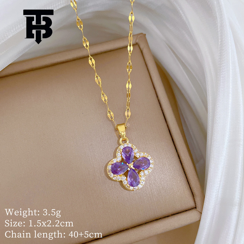 A Novel And Distinct Design Style Featuring Micro-set Emeralds And Amethyst Four-leaf Clover Pendants Titanium Steel Collar Chain Jewelry Designer Nec