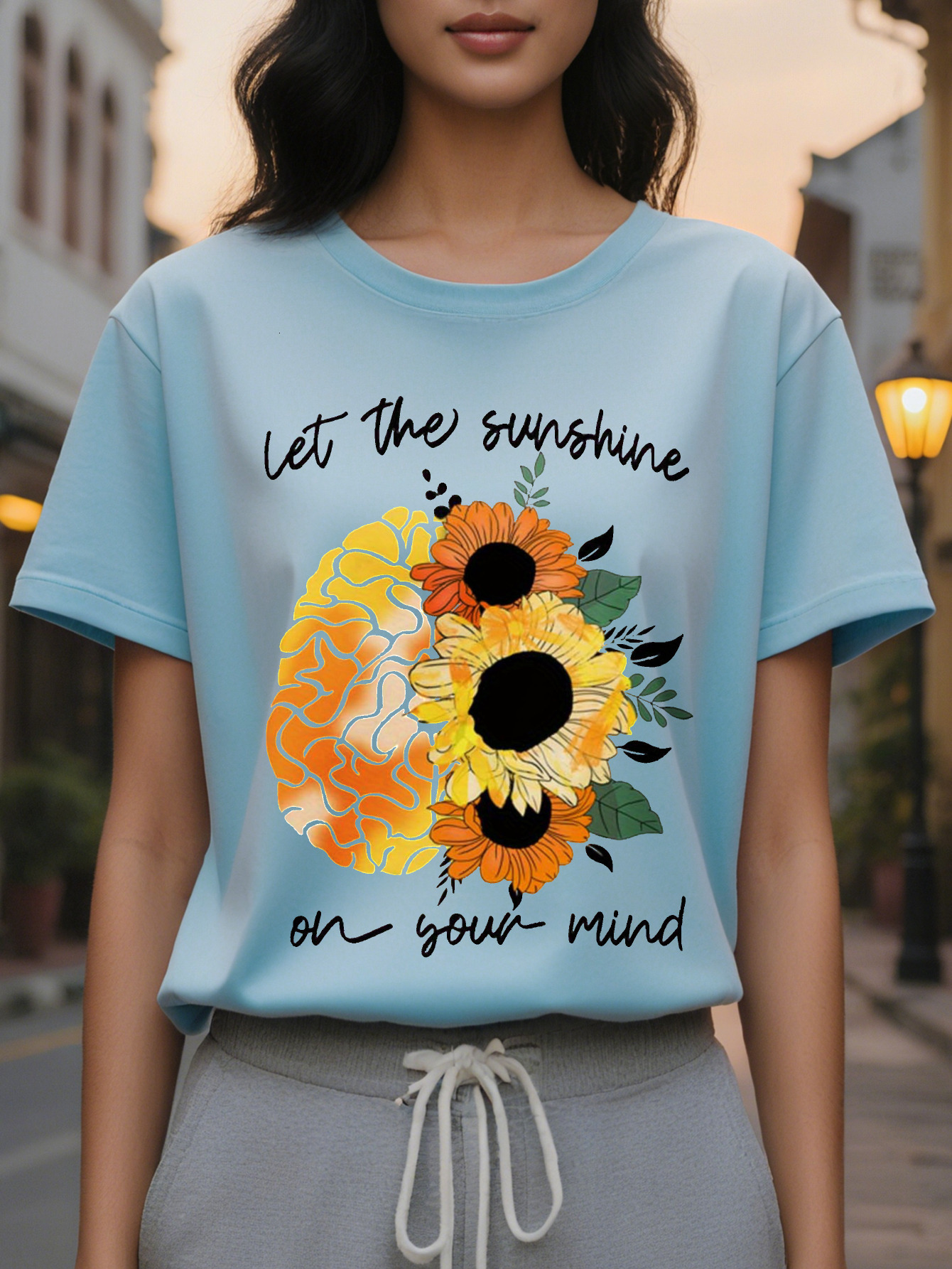 Ladies Elegant T-Shirt Let The Sun Light Up Your Heart Pattern Round Neck Short Sleeve Cotton Wear Casual