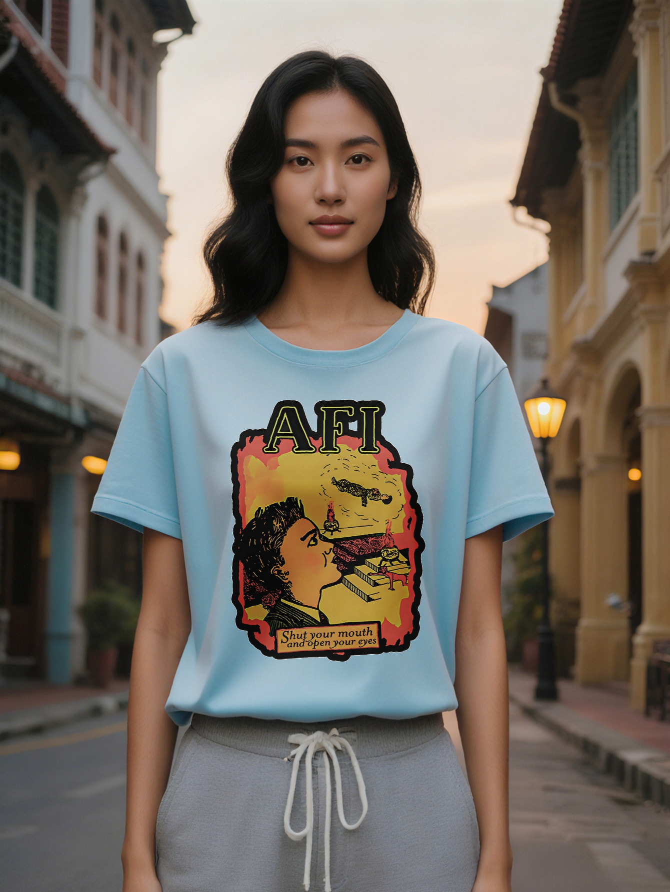 Large XL Casual Graphic T-Shirt AFI Side Profile Male Face Bold Typography Print Black with Yellow Red Design Regular Fit Plus Size