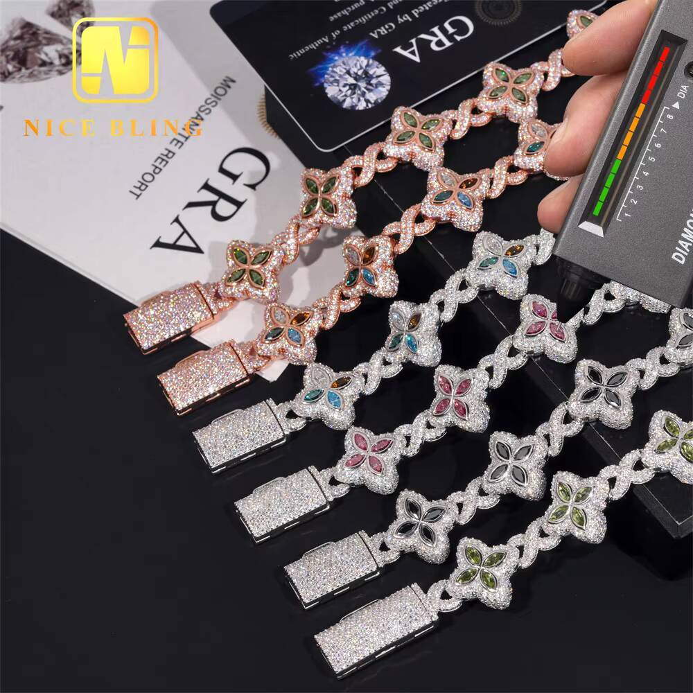 New Fashion Sells Well 925 Sterling Silver Marquise Flower Design Hip Hop Jewelry Iced Out Moissanite Infinity Bracelet Men