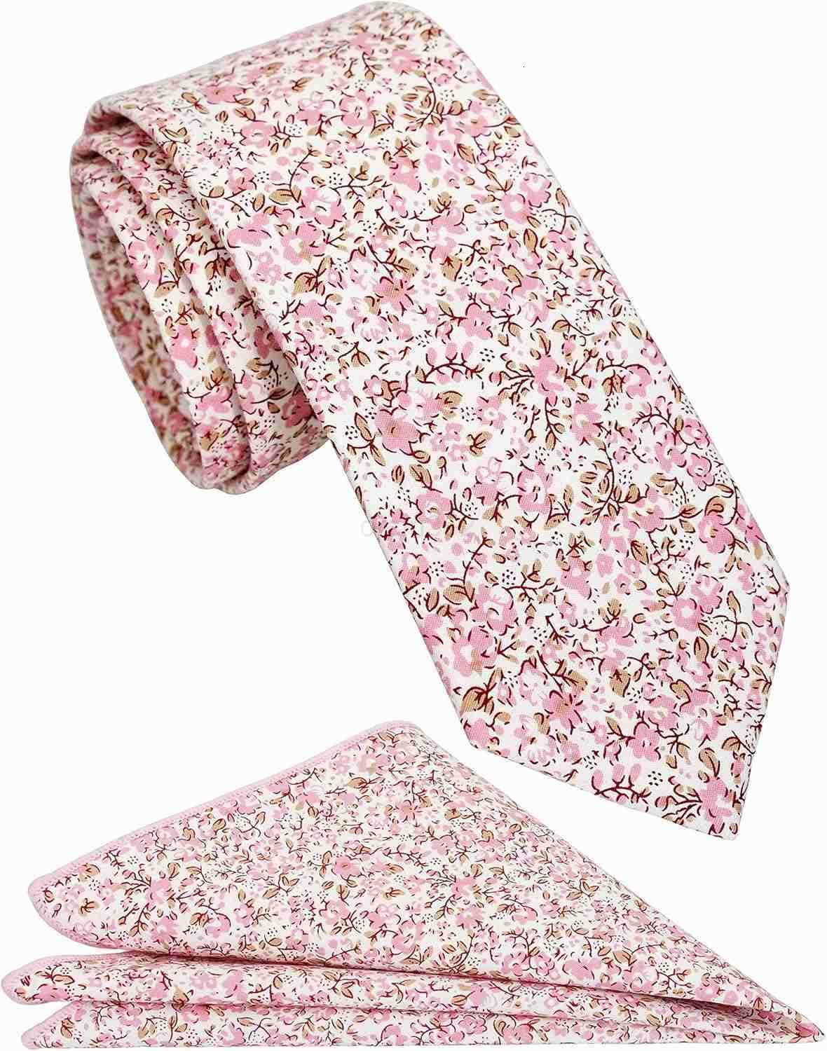 Mens Casual Skinny Floral Tie Combo Set with Flower Pocket Square 2 Cotton Necktie Hand MadeW250904