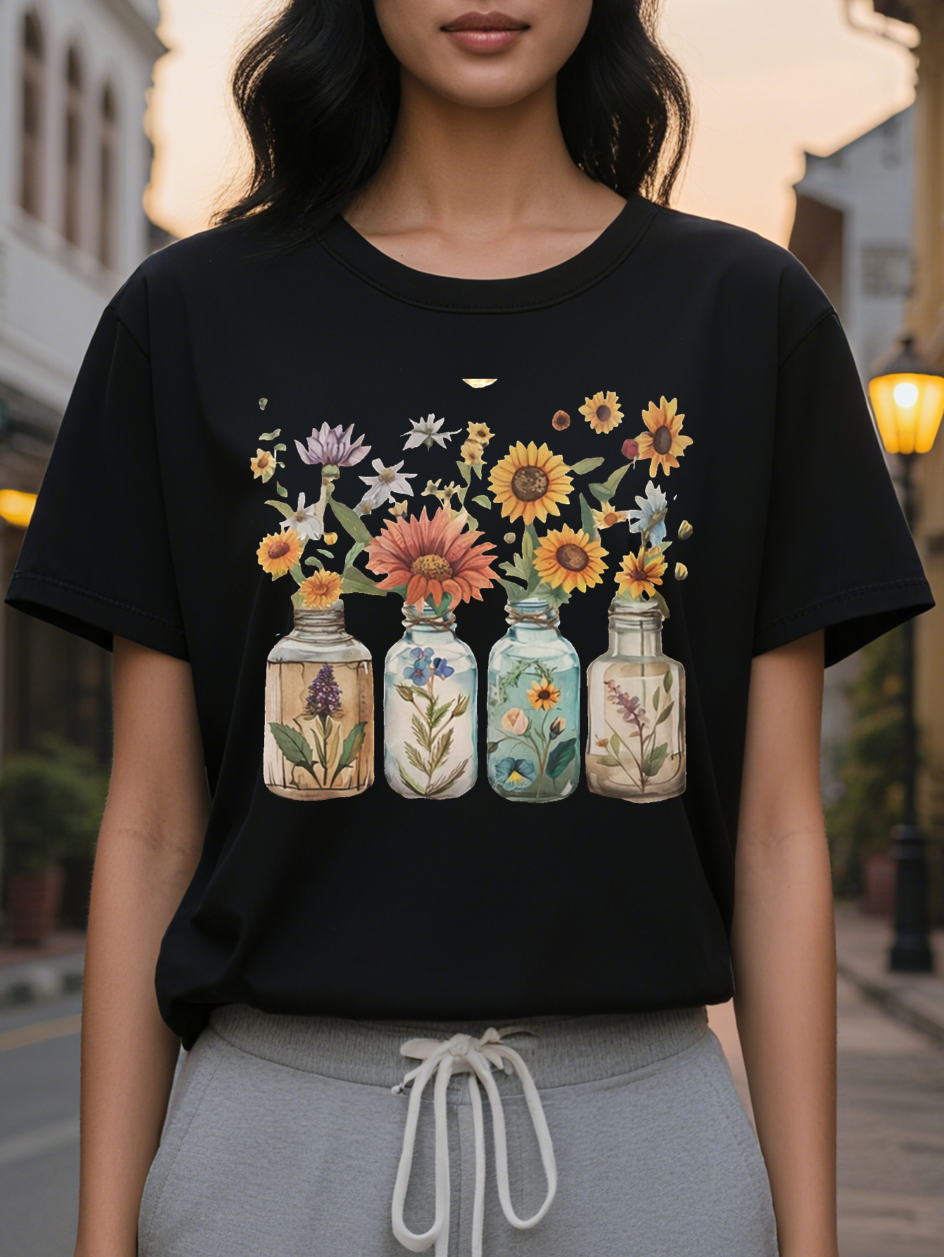 For Spring Summer Short Sleeve Floral Print Crew Neck T-Shirt Casual Women's Clothing