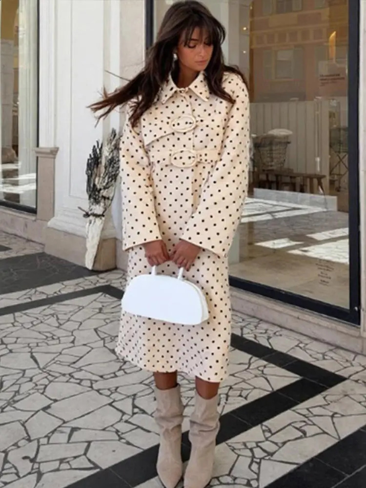 Elegant Polka Dot Belt Womens French Windbreaker Laple Full Sleeve Long Trench Jackets Female 2025 Autumn Fashion Lady Outwears 250904