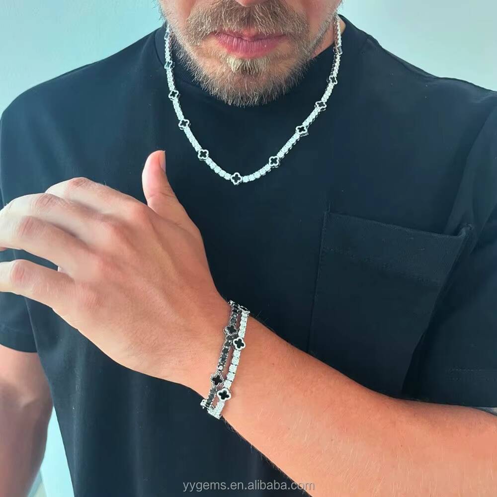 Iced Out 3mm 4mm 5mm 925 Silver Moissanite Necklace Clover Flower Design Chain Jewelry for Men and Women