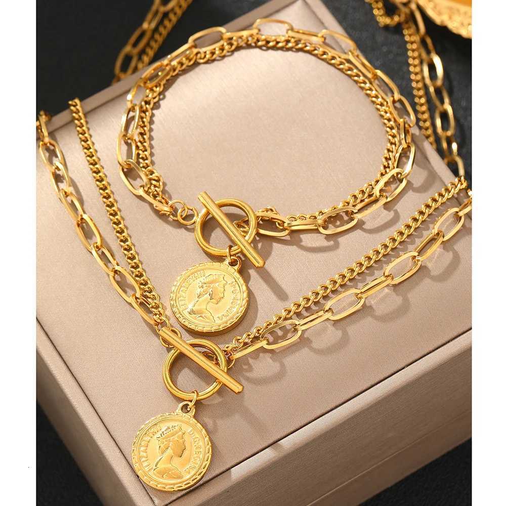 Stainl Steel Jewelry Set Hanging Coin MultiLayer Chain Design Bracelet Necklace Ladies Jewelry Set For Women Jewelry GiftsXJ250904