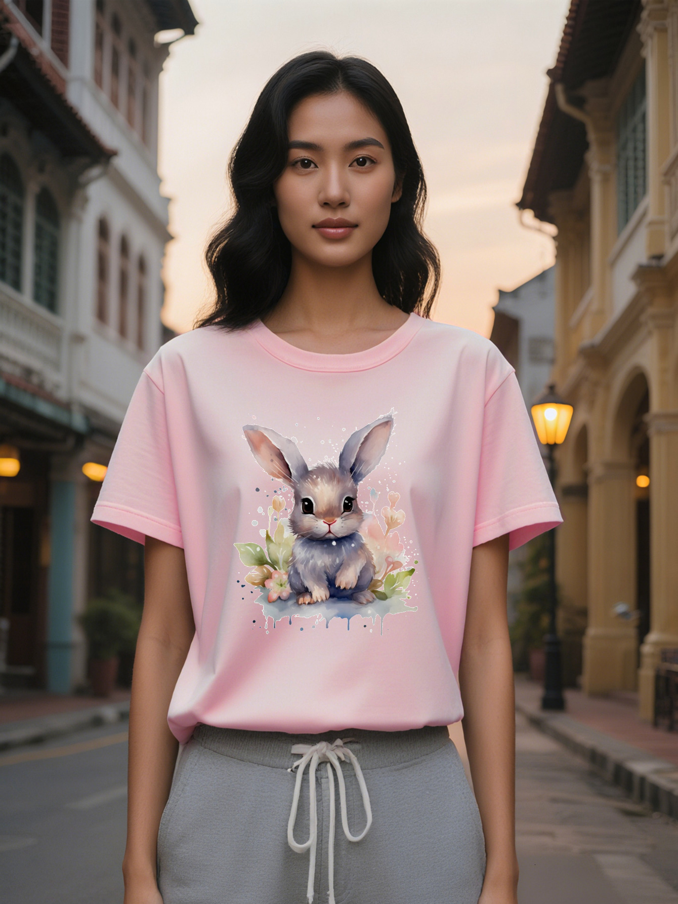 Large XL Casual Crew Neck T-Shirt with Cute Bunny Print Knit Fabric Slight Stretch Regular Fit Summer Top Gift for Women Plus Size