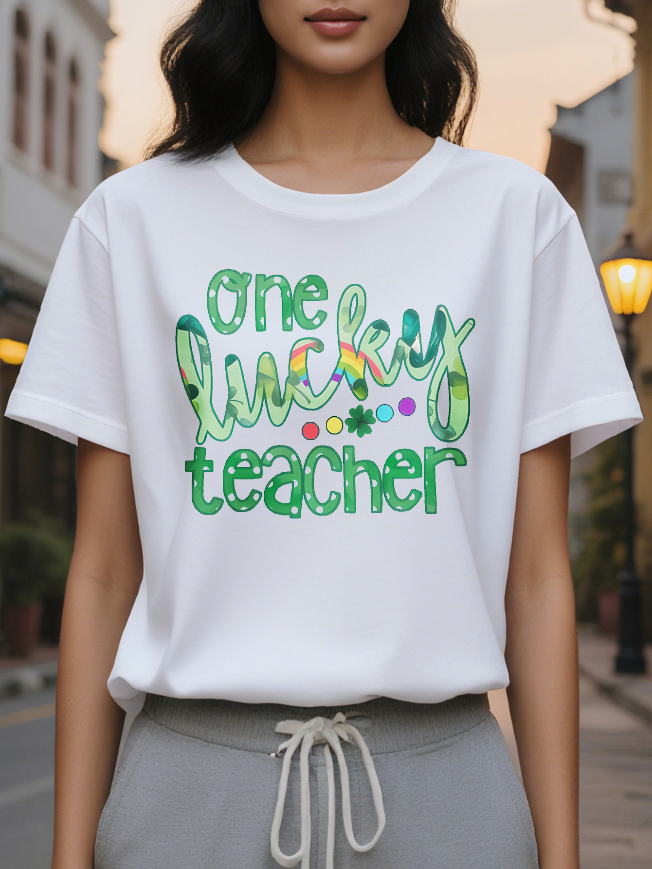 Lucky Pattern T-Shirt Women's Round Neck Short Sleeve Top White Color Letter Printing Summer and Spring Light