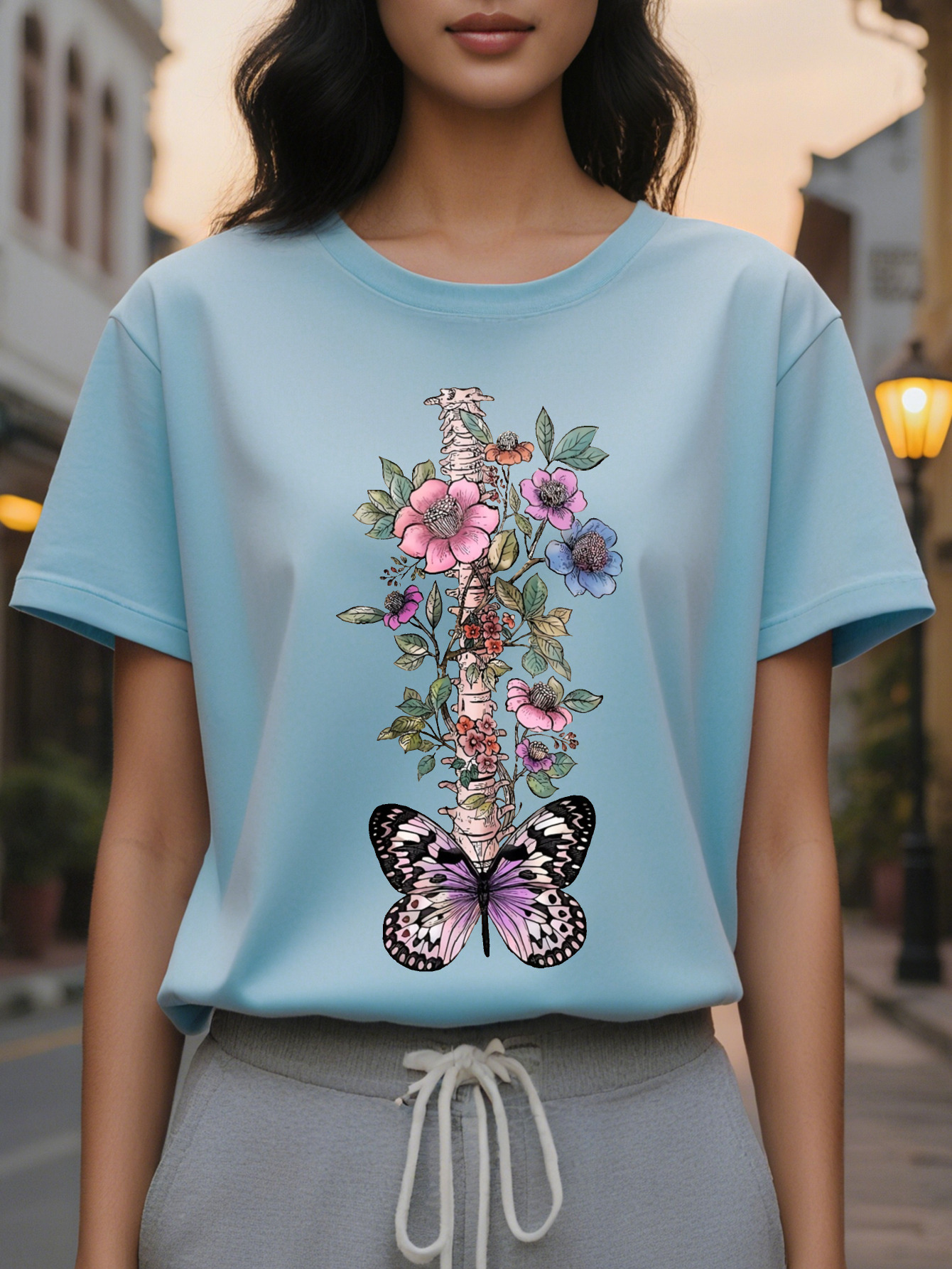 Women S Floral Print T-Shirt Casual Round Neck Short Sleeve Lightweight Cotton SpringSummer Collection Green