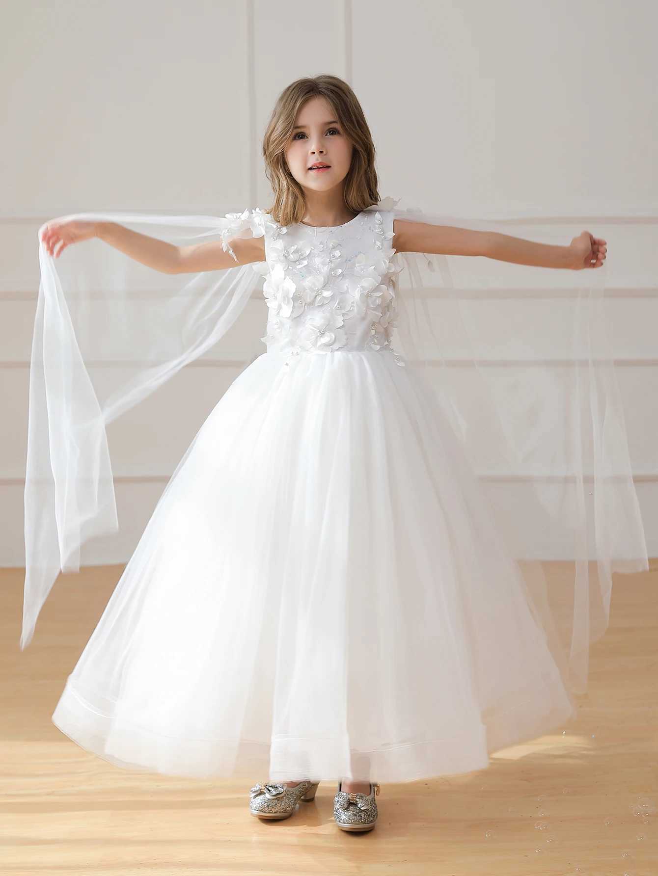 Long White Dress for Girls Draped Design Wedding Flower Girl Dress Suitable for Birthday Parties Girl Costume Z250904