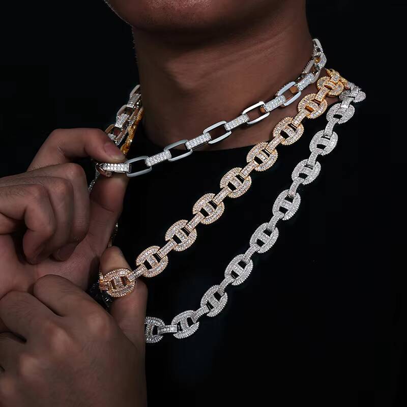 Luxury 16mm 14K 18K Gold Plated 925 Sterling Silver Baguette VVS Moissanite Diamond Iced Out Cuban Link Chain Necklace