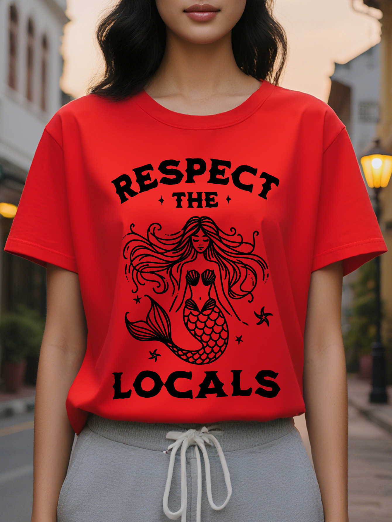 Vacation Beach Mermaid Pattern Front and Back Panel Print Fashion Casual Short Sleeves Summer Fit Crew Neck