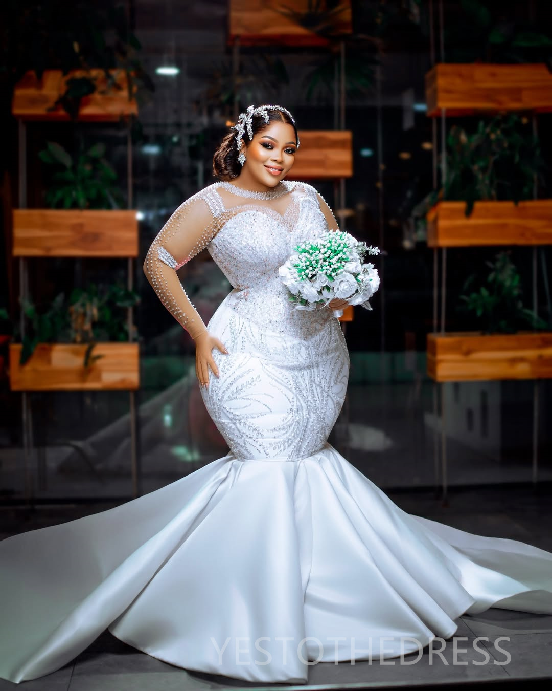 2025 Plus Size Off White Wedding Dress Bridal Gowns For Bride Mermaid Wedding Gowns Sheer Neckk Illusion Long Sleeves Pearls Beaded Lace Bridal Dress 