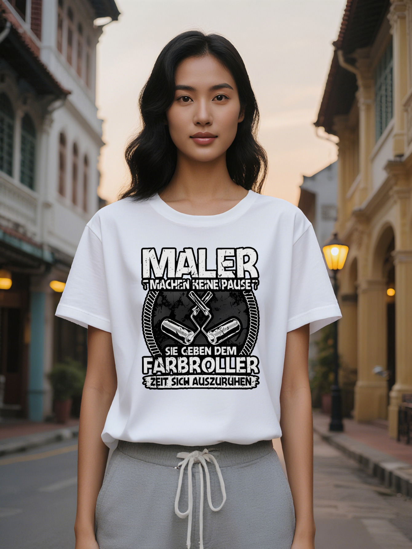 Large XL Women's Casual Graphic Print T-Shirt Bold Painter Design Black with White Lettering Round Neck Regular Fit Plus Size