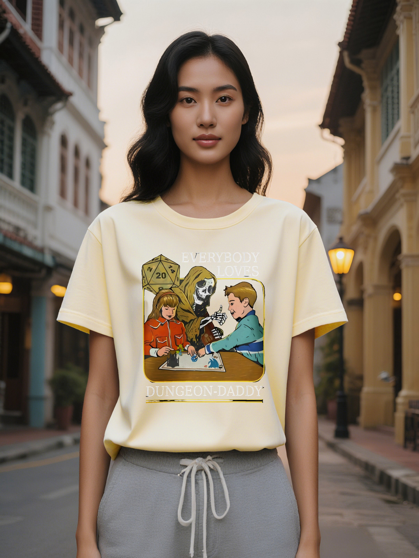 Lady Casual Graphic T Shirt Dungeons Dragons Theme With Everybody Loves Dad Print Black Round Neck Summer Tee