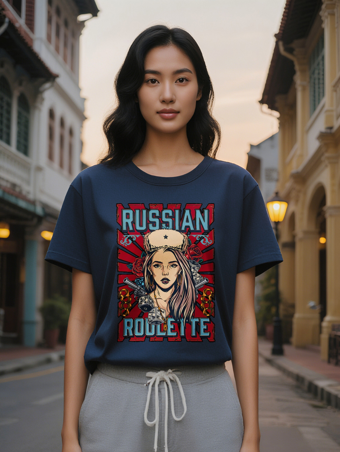 Large XL Women's Casual Graphic T-Shirt Black Russian Roulette Design with Female Portrait Red Accents Round Neck Summer Tee Plus Size