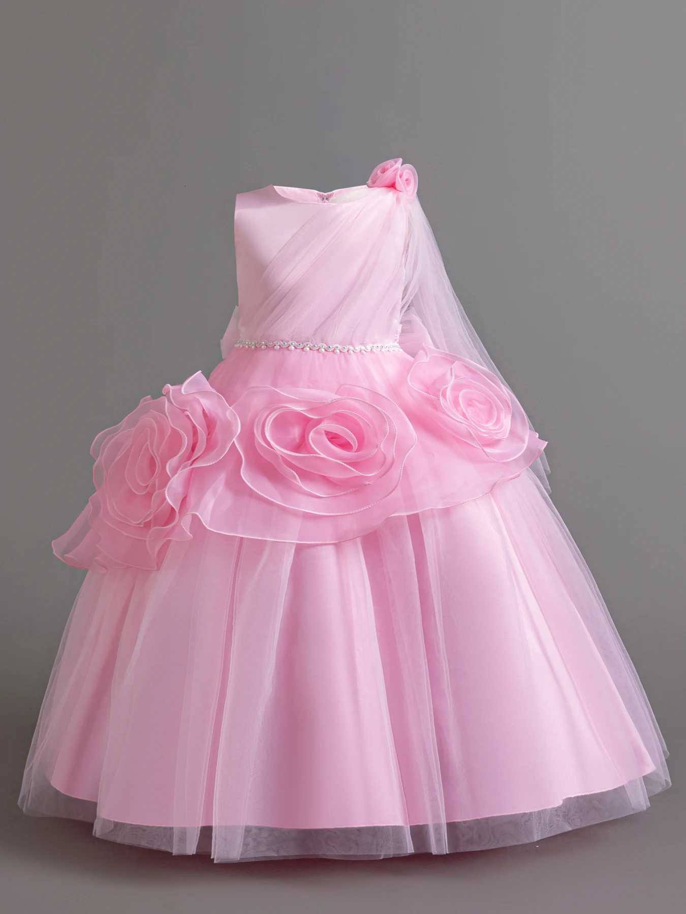 Pink / Blue Flower Sleeveless Childrens Dress Girls Mesh Fluffy Princess Dress for 3 to 12 Year Old Child Birthday Party Wear Z250904