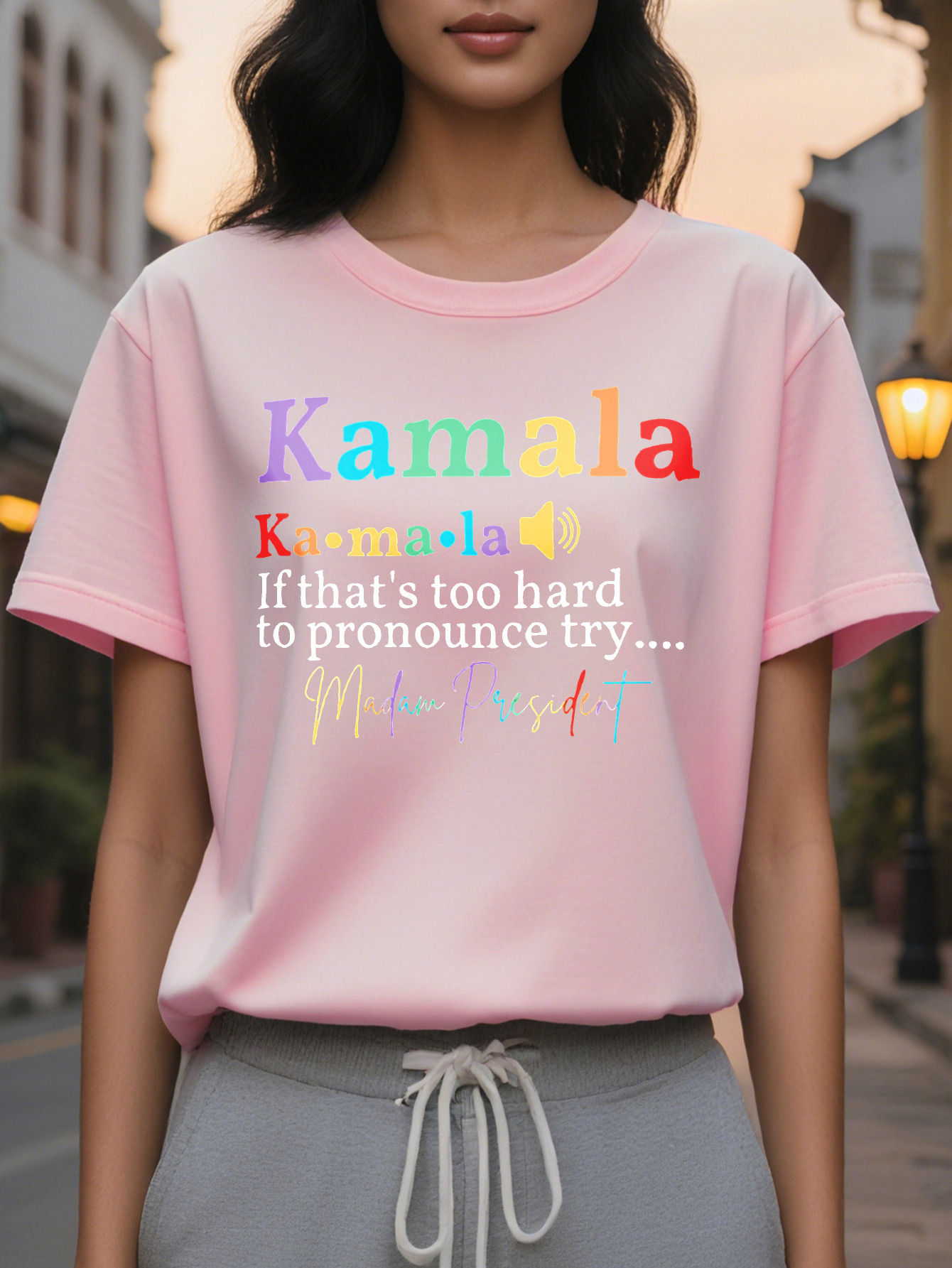 Large XL Women's Short Sleeve Crew Neck T-Shirt Vibrant Multicolor Kamala Letter Print with Playful Sound Effects Breathable Plus Size