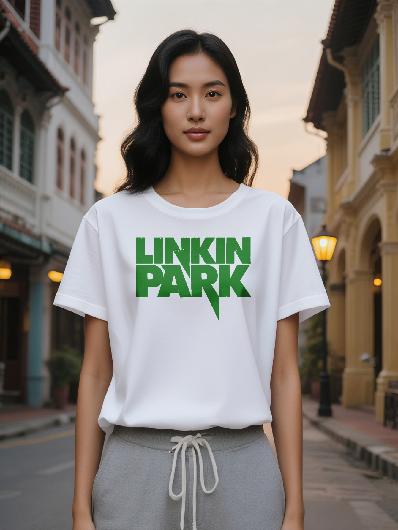 Large XL Casual Versatile Crew Neck T-Shirt with Green Rectangular Linkin Park Print Black Short Sleeve Top Perfect Gift for Plus Size