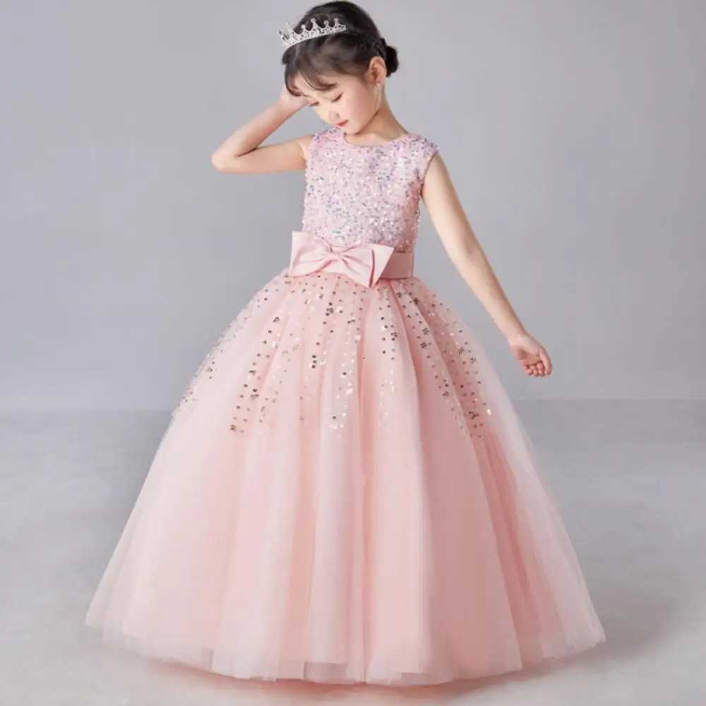 Girls Sleeveless Long Sequin Bow Mesh Princess Dress Piano Competition School Graduation Ceremony Fashionable Evening Gown Z250904