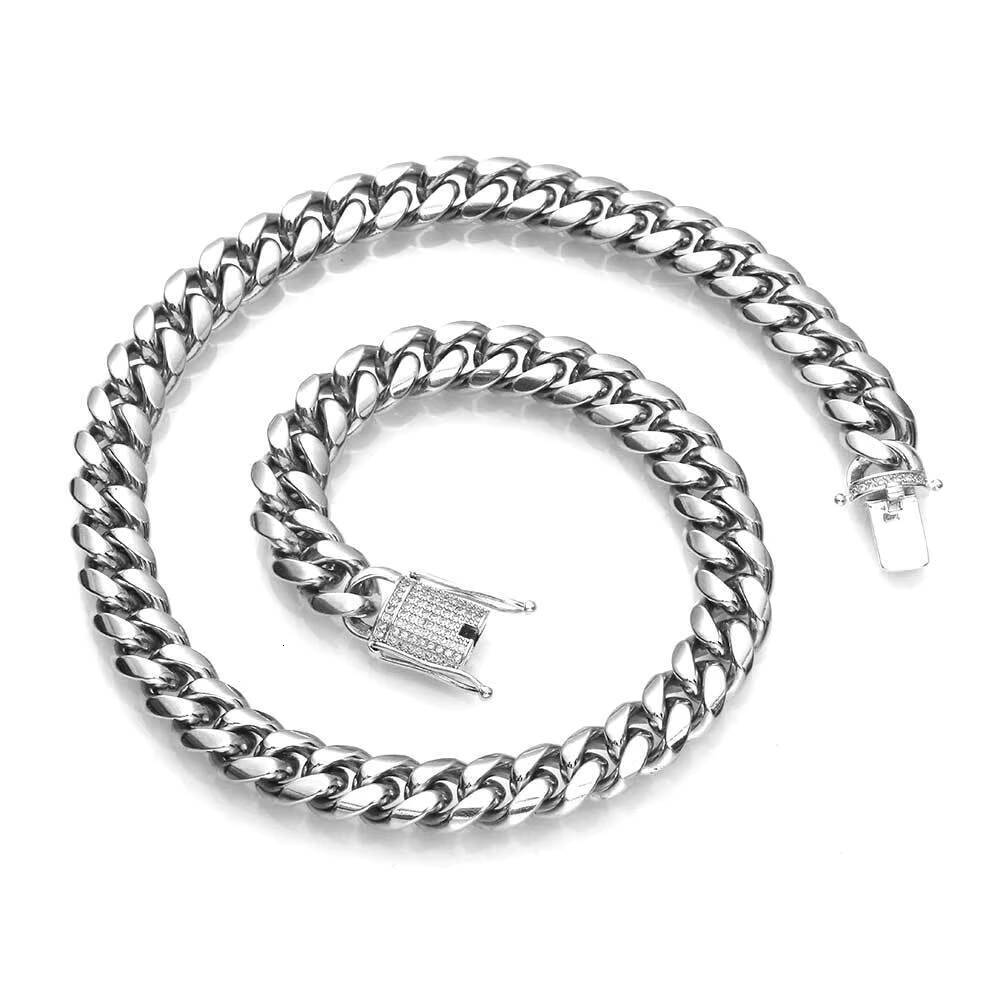 Hot Selling 12mm DiamondEncrusted Buckle Stainless Steel Necklace Bracelet with GoldPlated Cuban Link Chain Ground Encryption