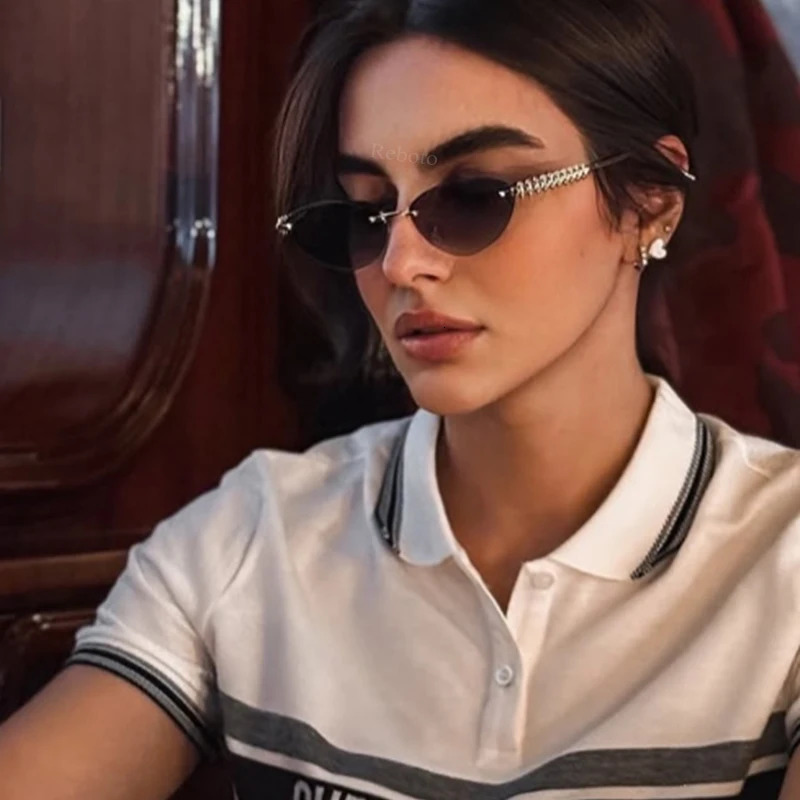 Cat Eye Rivet Rimless Sunglasses Women Fashion Oval Narrow Sun Glasses Shades Trendy Elegant Unique Eyewear 250903