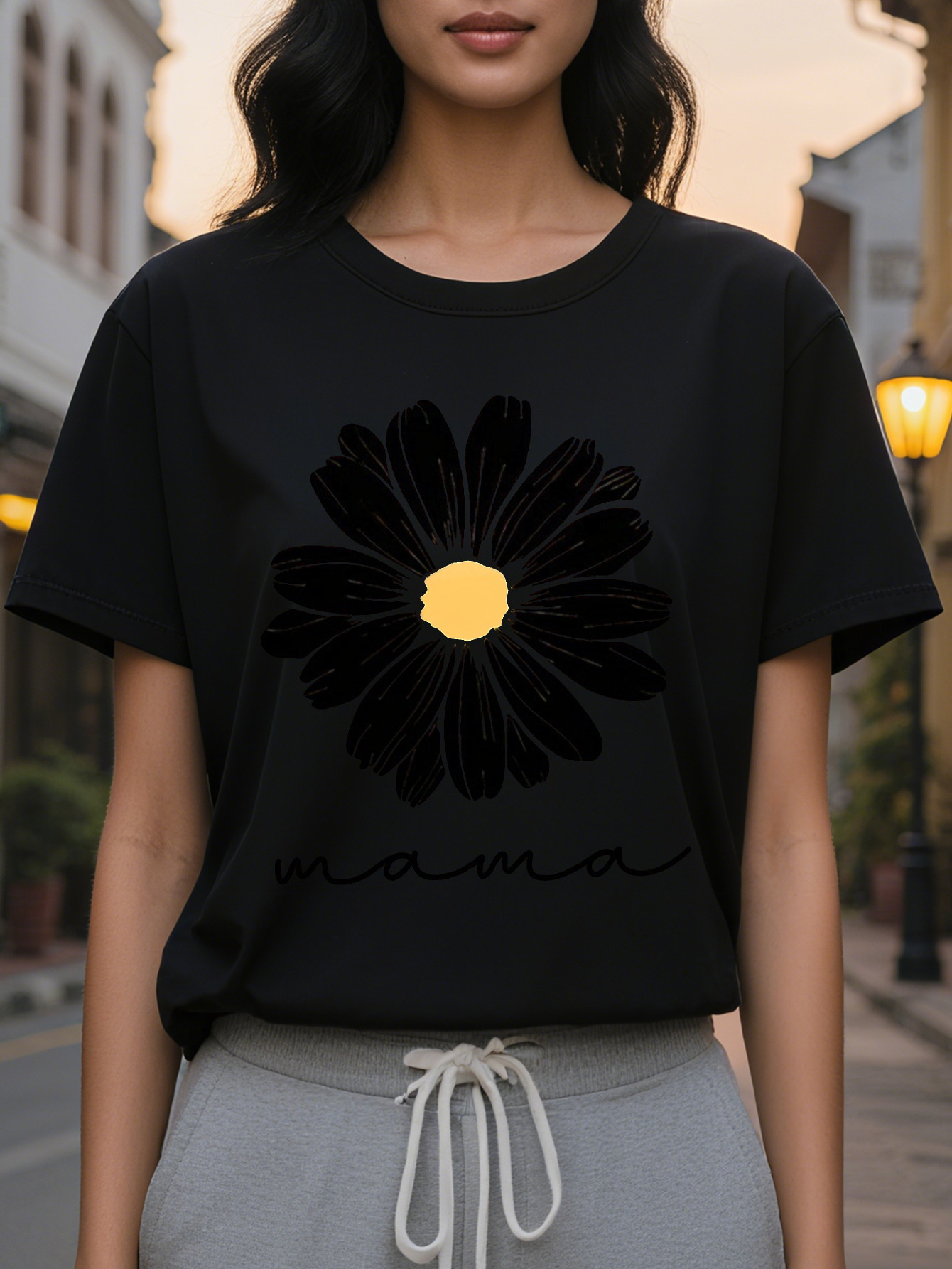 Mother's Short Sleeve T-Shirt Bright Orange Slim Crew Neck Jacket Black Flower Cursive Letter Printing Translucent