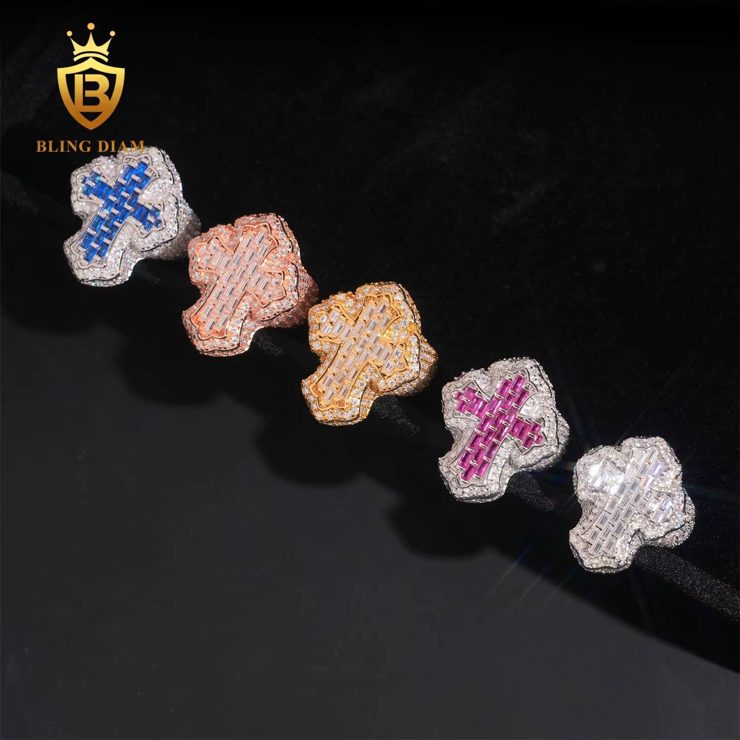 New Arrivals Wholesale Price Iced Out Jewelry Hip Hop Baguette Sapphire Corundum 925 Silver VVS Moissanite Ring