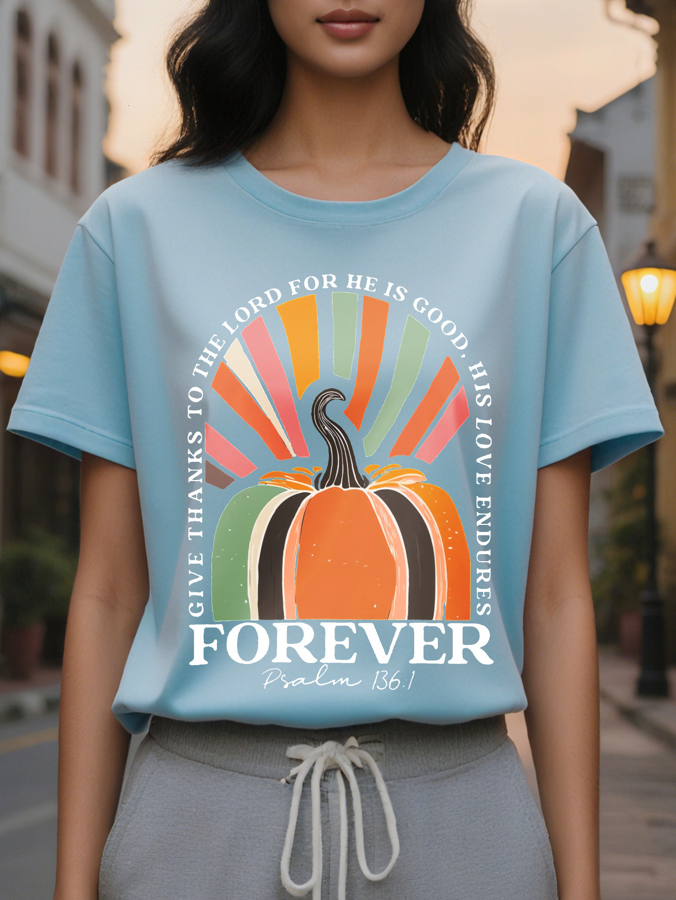 Large XL Women's Halloween Pumpkin Bible Verse to Back Print T-Shirt Inspirational Forever Lettering Soft Round Neck Plus Size
