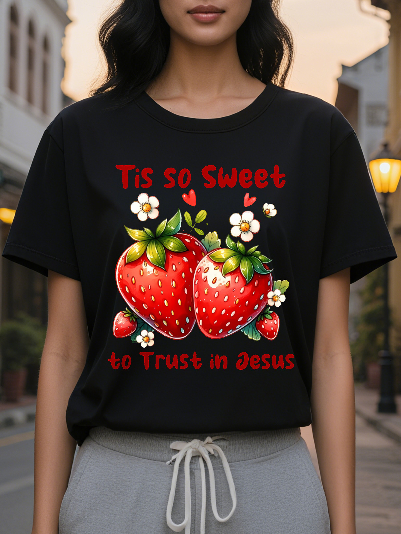 This sweet strawberry short sleeved T-shirt with round neck is a casual top suitable summer and spring for women