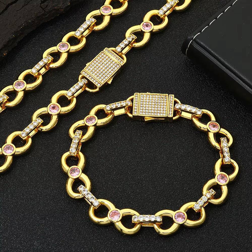 NUOYA Womens Hip Hop Diamond Bracelet Gold Plated Pink Moissanite Infinity Link Chain Elastic Clasp Chain Bracelet Jewelry for Gift