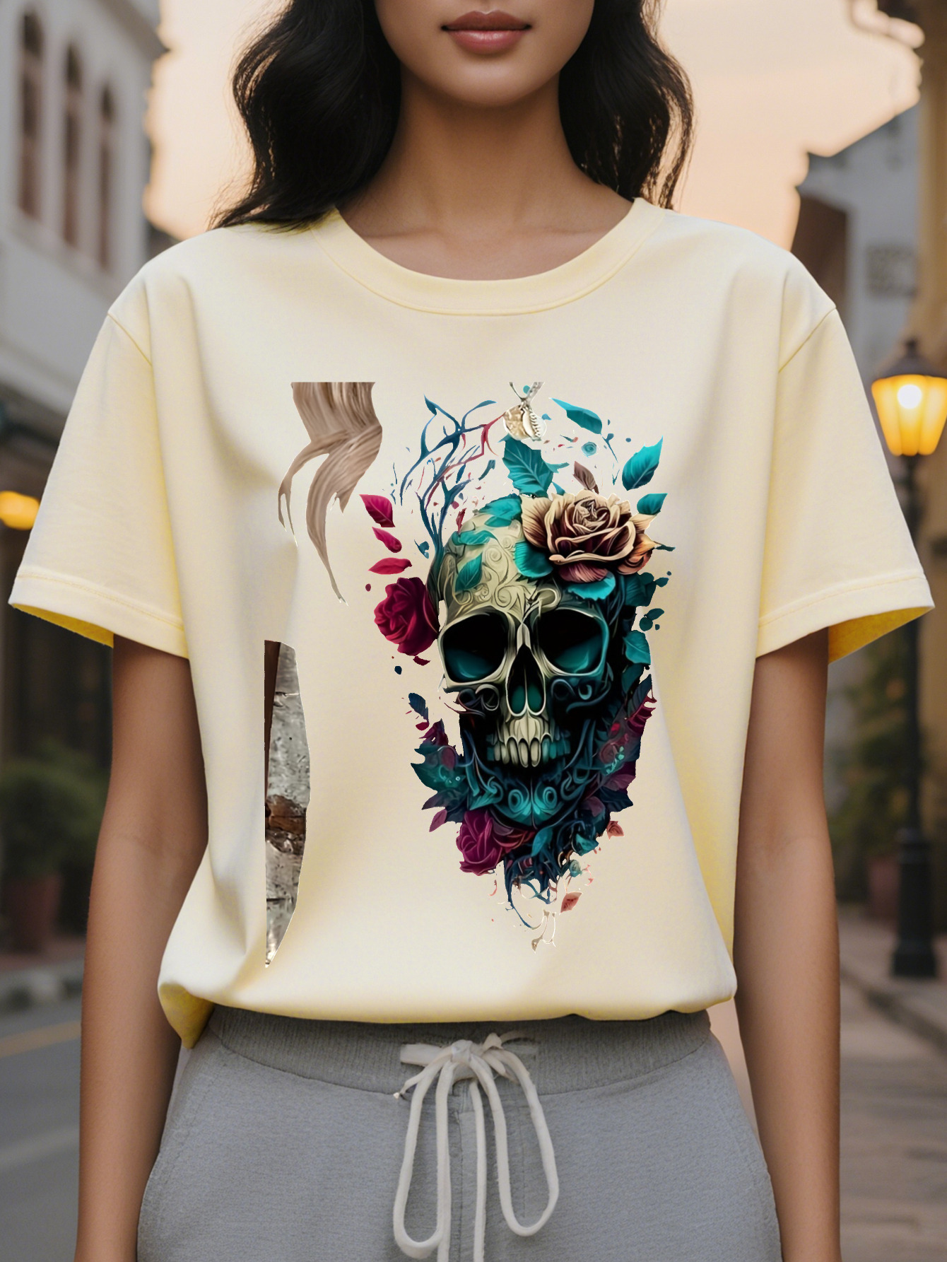 Women's casual round neck T-shirt with floral skull print, cotton knitted fabric, regular length, all-season top