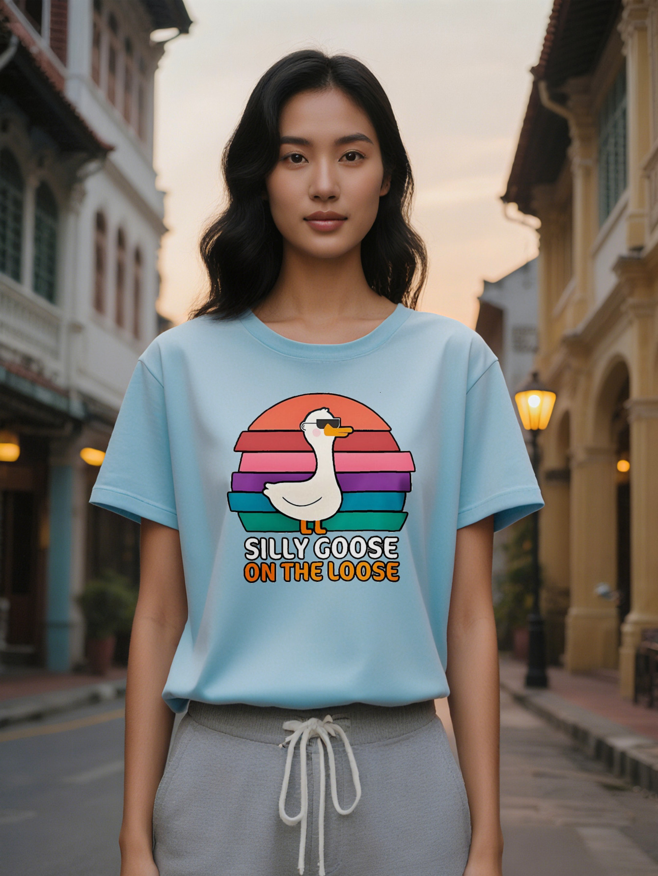 Large XL Women's Casual Crew Neck T-Shirt Silly Goose Print Black with Colorful Stripes Fashion Glasses Design Summer Tee Plus Size