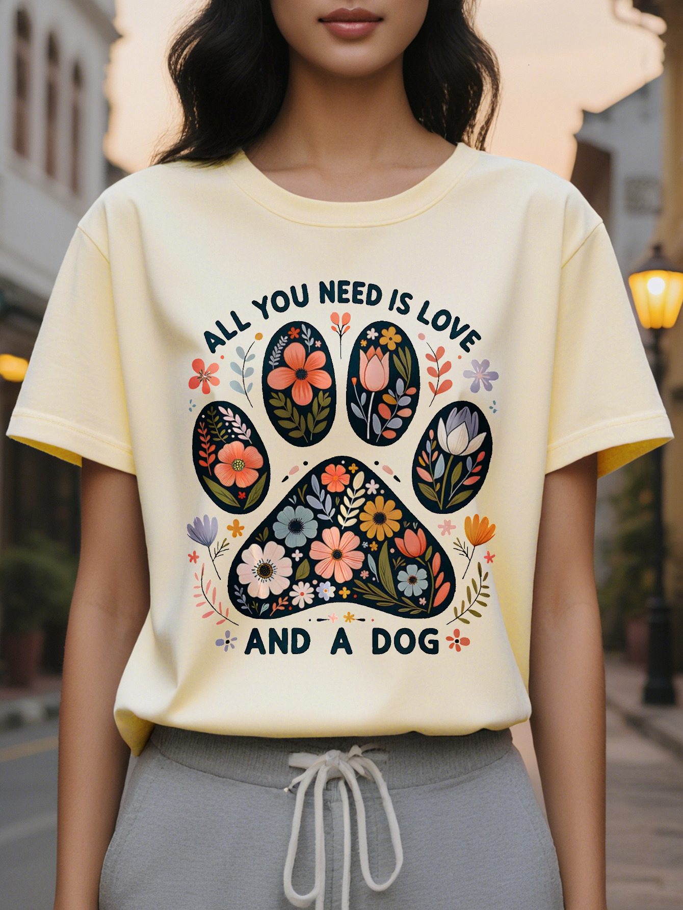 Women's Funny Pet Lover All You Need Love and Pattern T-Shirt White Shirt with Floral Paw Print Lightweight