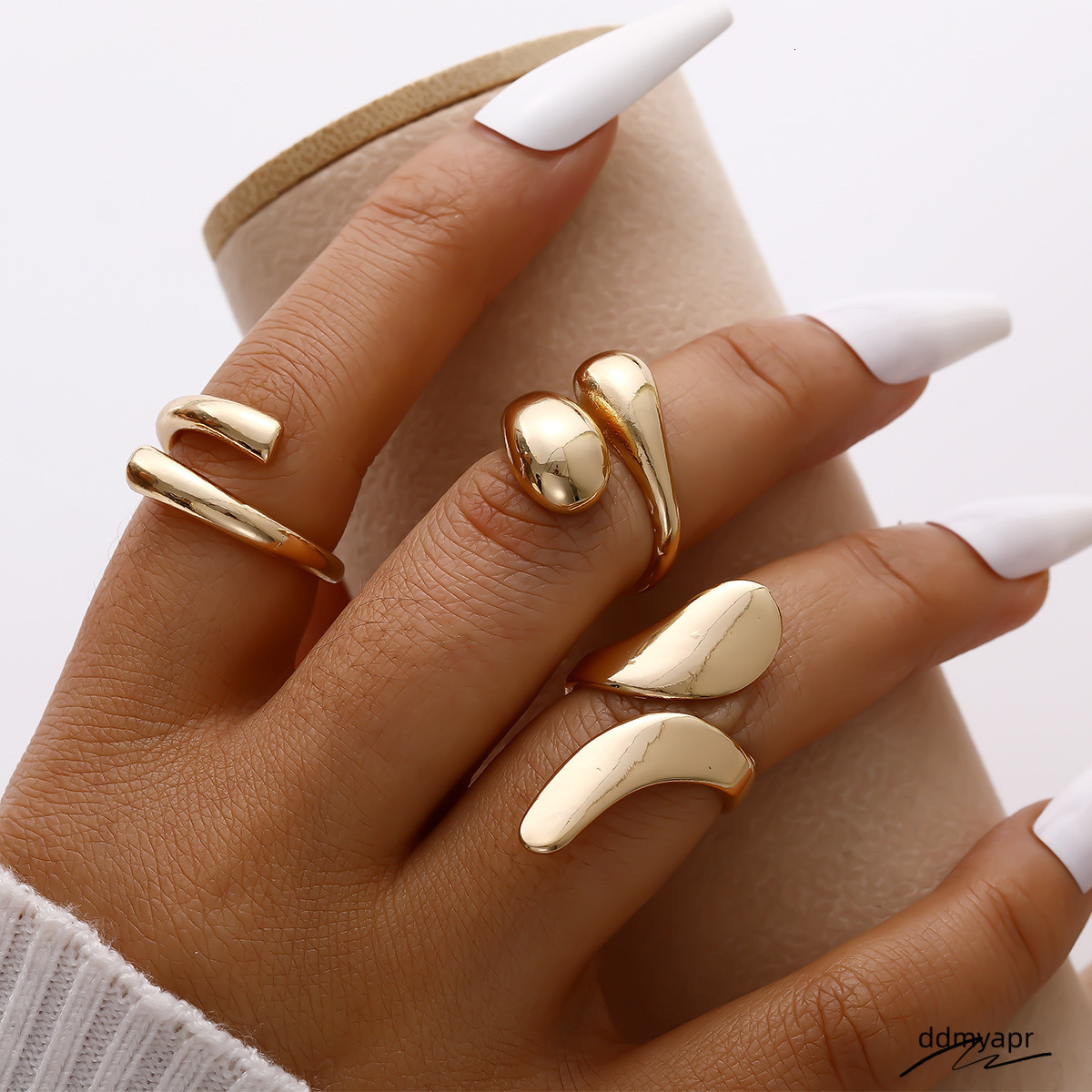 Explosive Irregular Droplet Niche Metal Texture Smooth Exaggerated Geometric Opening Ring, 6-Piece Ddmyday Set Ddmyday