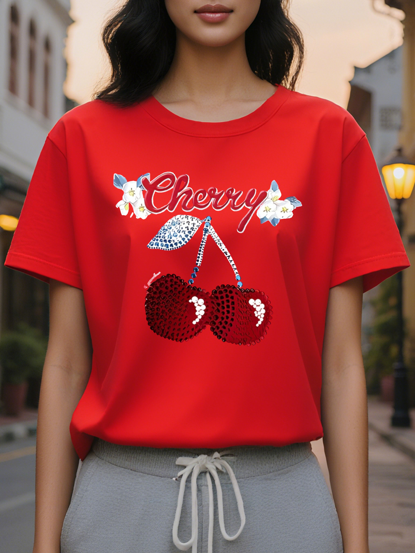 Cherry Personality Fashion Printed Round Neck Short Sleeve T-shirt Spring and Summer High-end Sense Slimming Women's