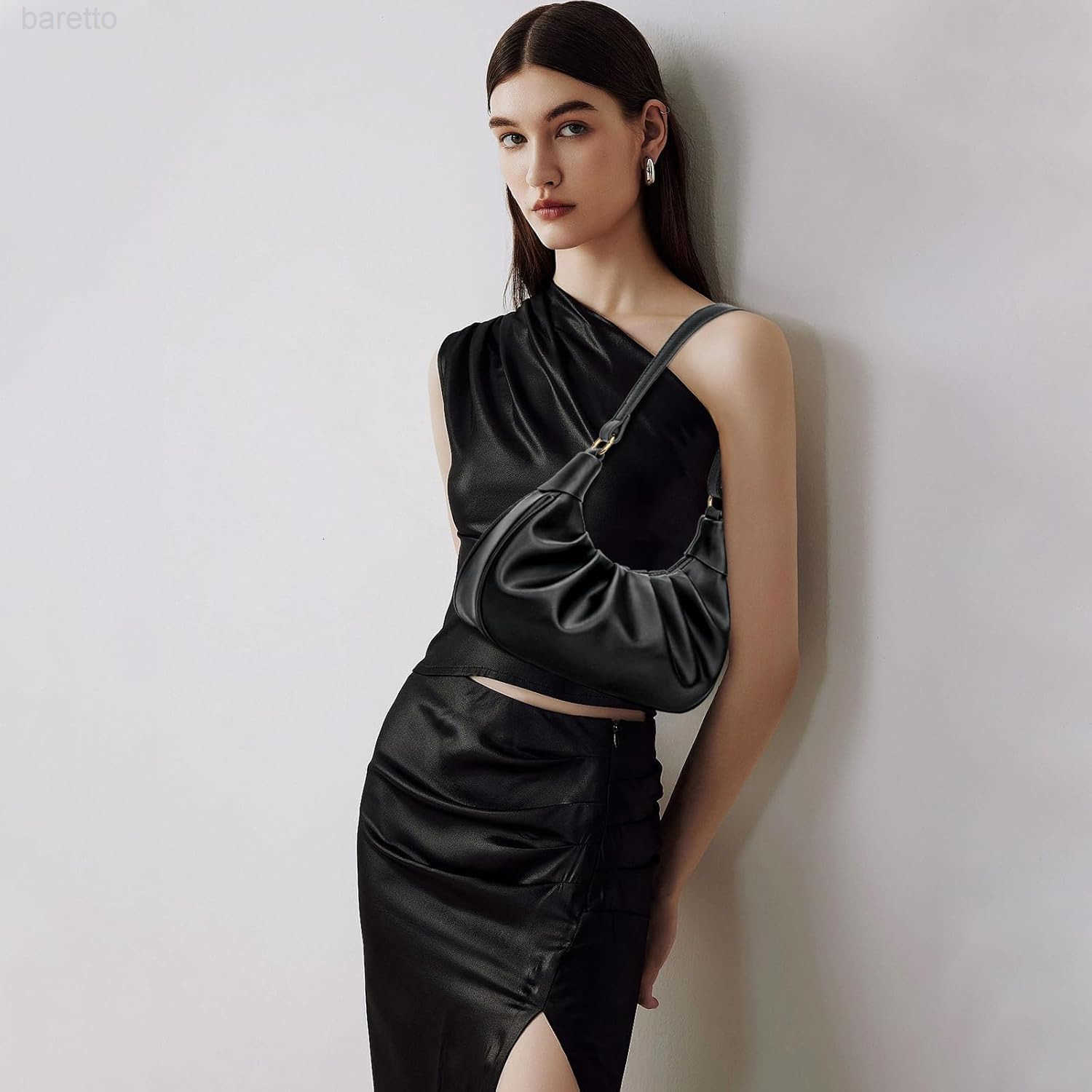 Shoulder Bag Crescent Handbag Ruched Purse Underarm Bag Mini Hobo for WomenDetachable Gold Chain Crossbody Bag M250904