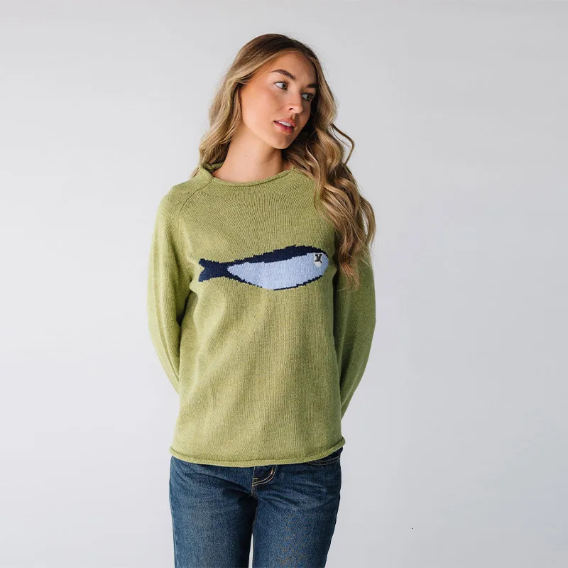 Womens Vintage Roundneck Fish Pattern Knitted Sweaters Casual Long Sleeve Soft Pullovers Autumn Winter Basics Knitted Top 250903