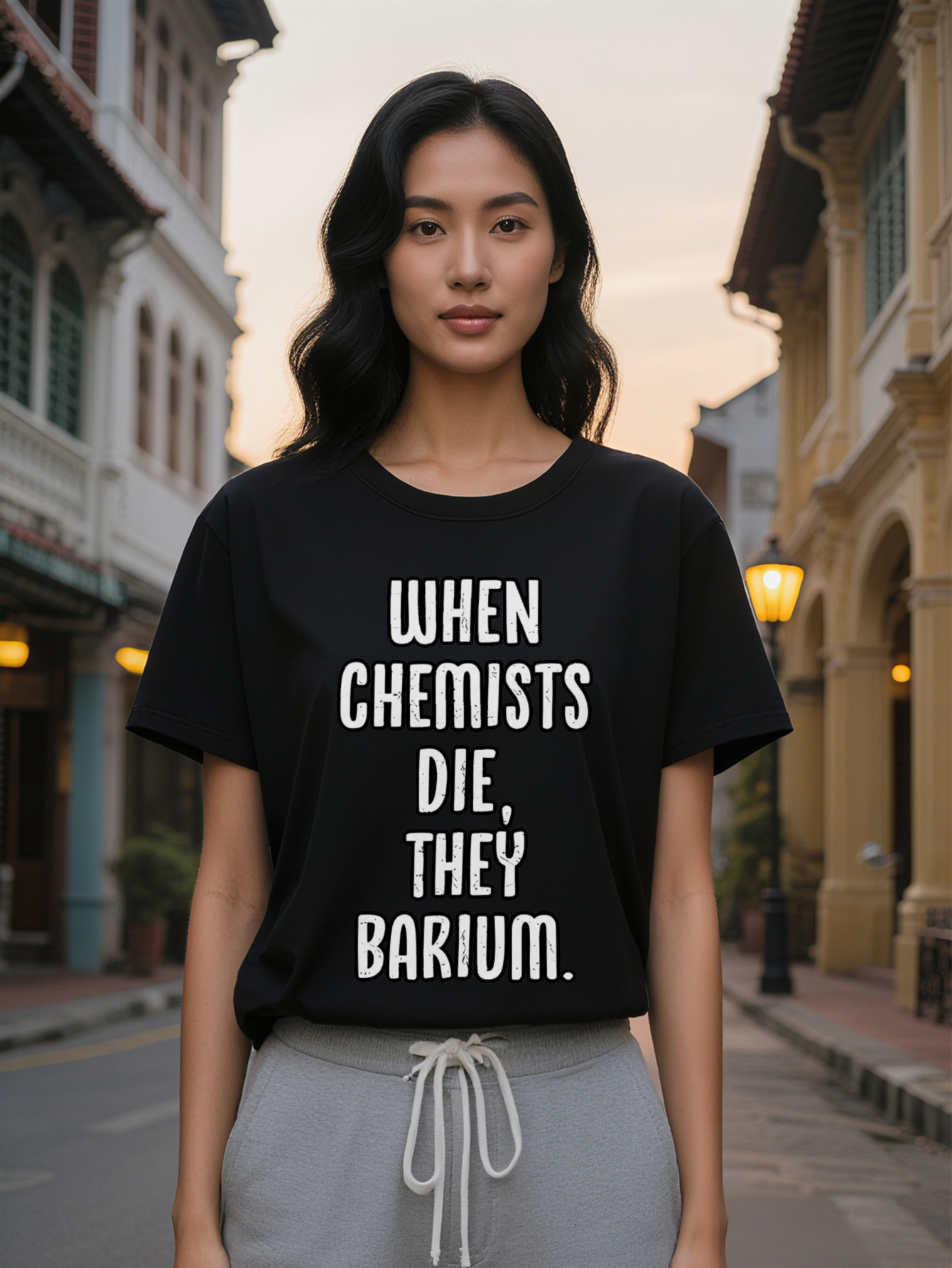 Large XL Lady Black Casual Crew Neck T-Shirt with Bold White Letter Print When Chemists Die They Barium Design Summer Plus Size