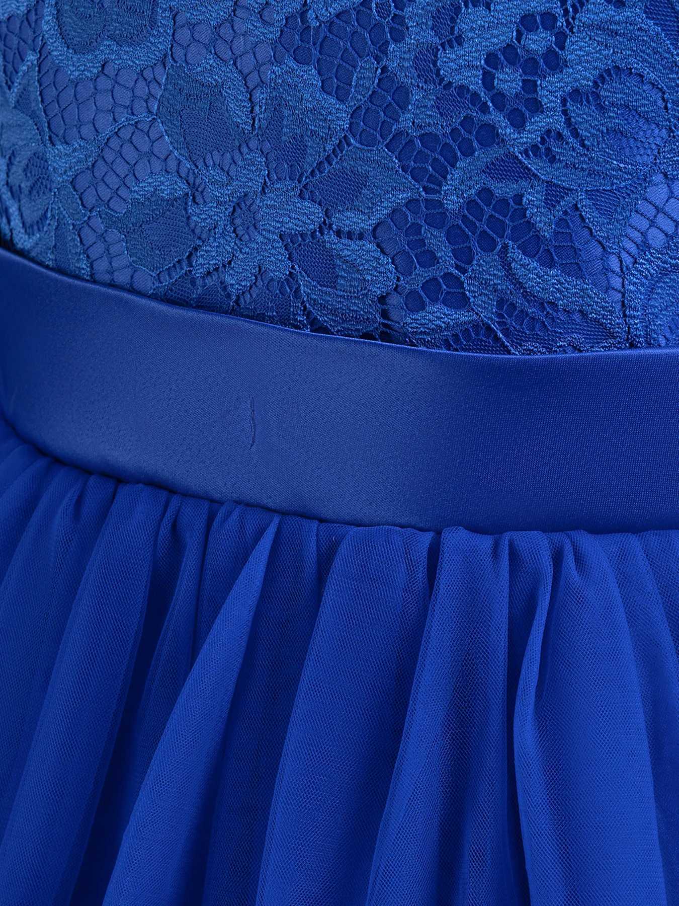 Blue colored lace child princess dress little girl runway piano performance dress with flower boy big bow long dress Z250904