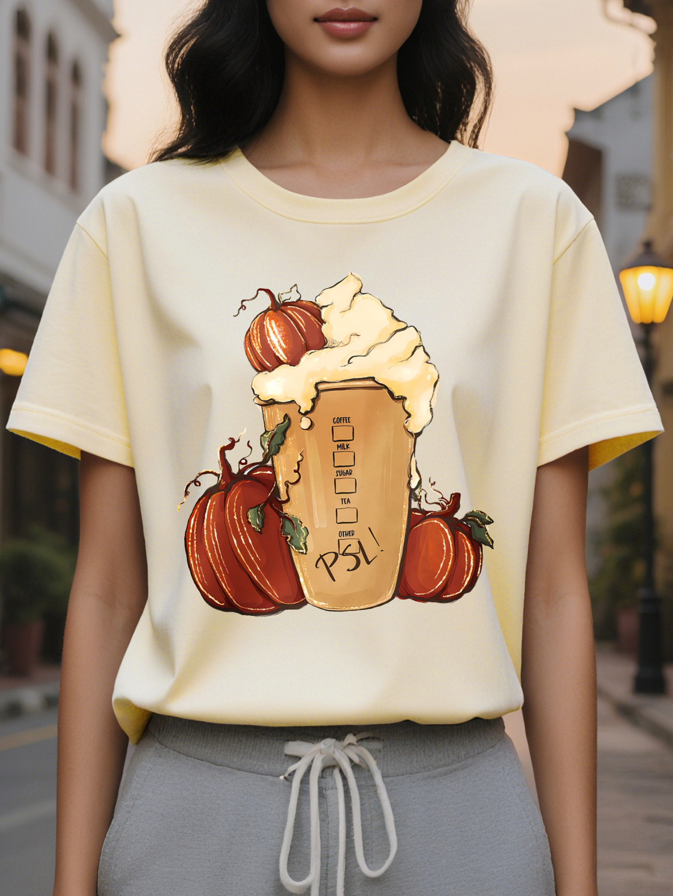 Women S Olive Green Casual T-Shirt Coffee Graphic Tee with Pumpkin Cup Lightweight Summer Top for Fall Outfits