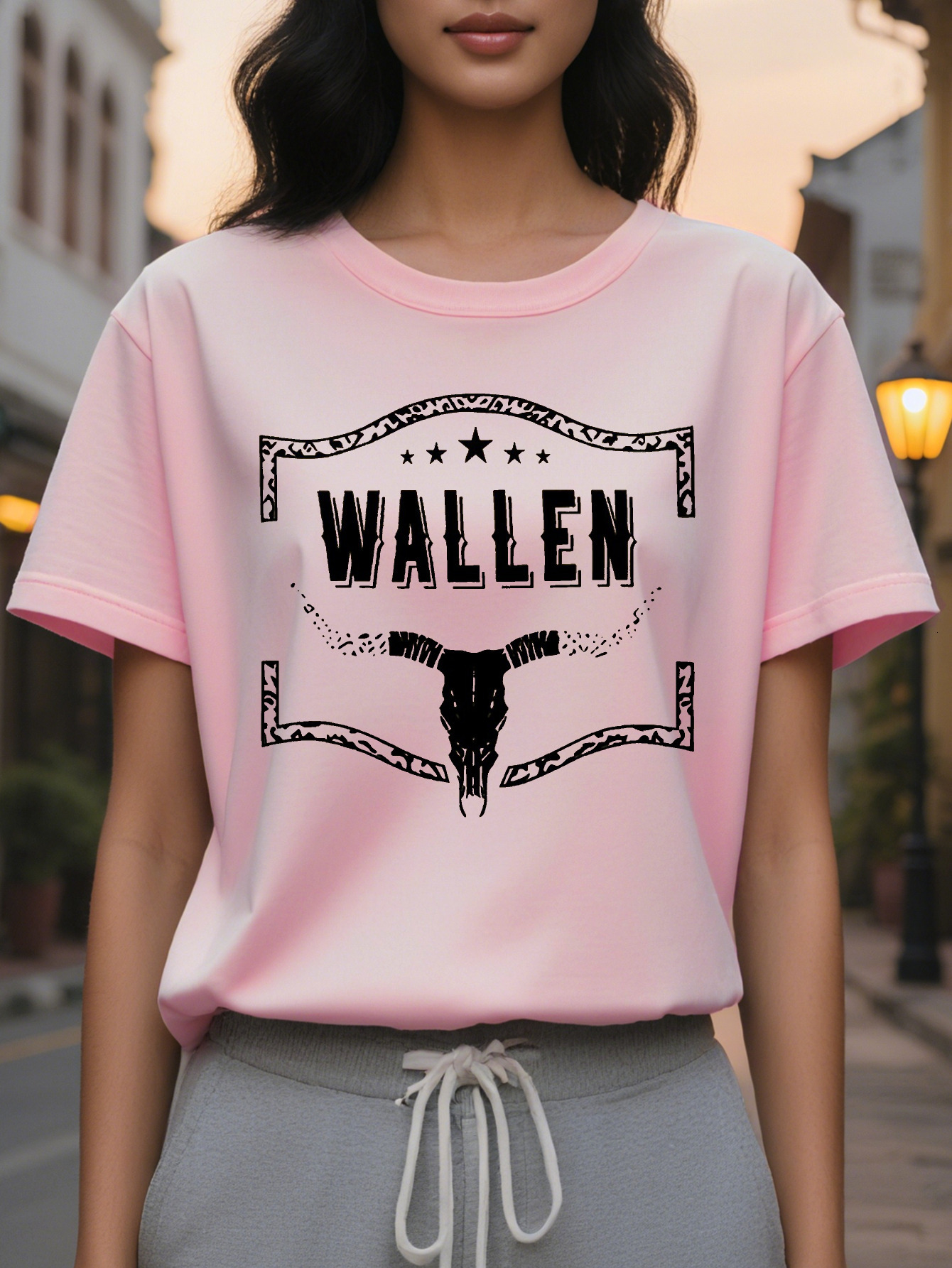 WALLEN American Print Pattern Fashion Round Neck Short Sleeve T-shirt Spring and Summer New Slim Fit Slimming Women's
