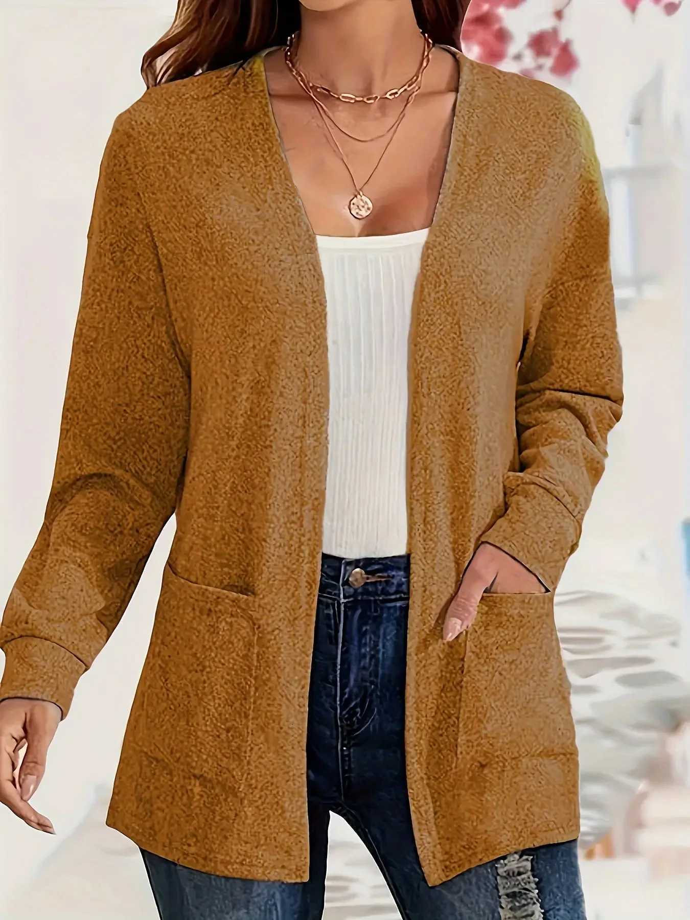 Autumn and winter European and American thin fashion solid color pocket thin knitted womens buttonless cardigan M250904