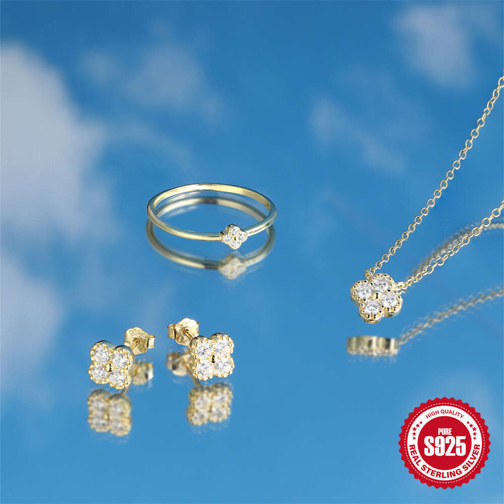 INS Style Pure Silver Petal Turquoise Inlaid Diamond Band Women's Engagement Wedding Ring Necklace Set