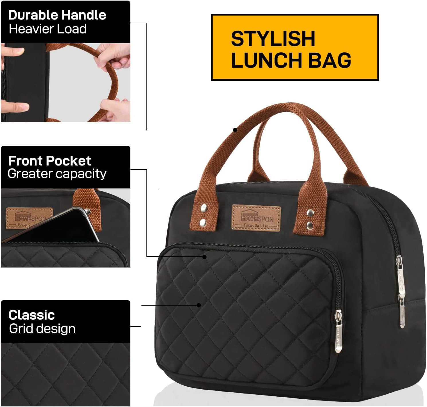 Lunch Bag for Woman Man Adults with Front Pocket Insulated Lunch Tote Lunch Box Container for Work Picnic or TravelBlack M250905