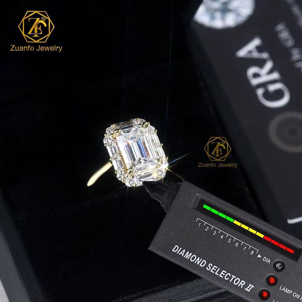 Factory High Quality Custom 7X10mm 14K Gold Engagement Wedding Jewelry 35 Moissanite Emerald Cut Moissanite Diamond Iced Style Rings