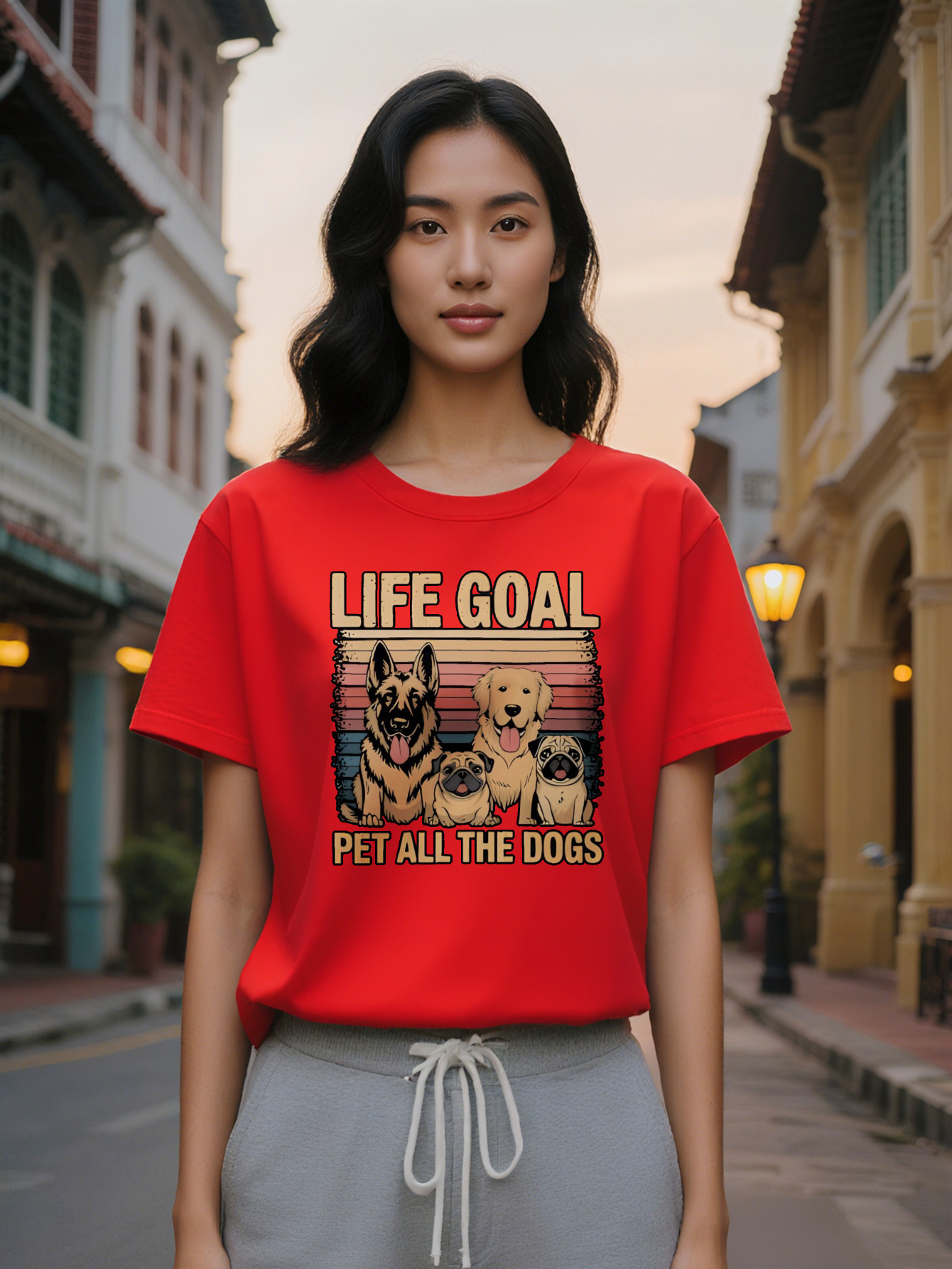 Large XL Lady Crew Neck T-Shirt Life Goal Pet All the Dogs Graphic Print Black with Colorful Stripes Illustrations Perfect Plus Size