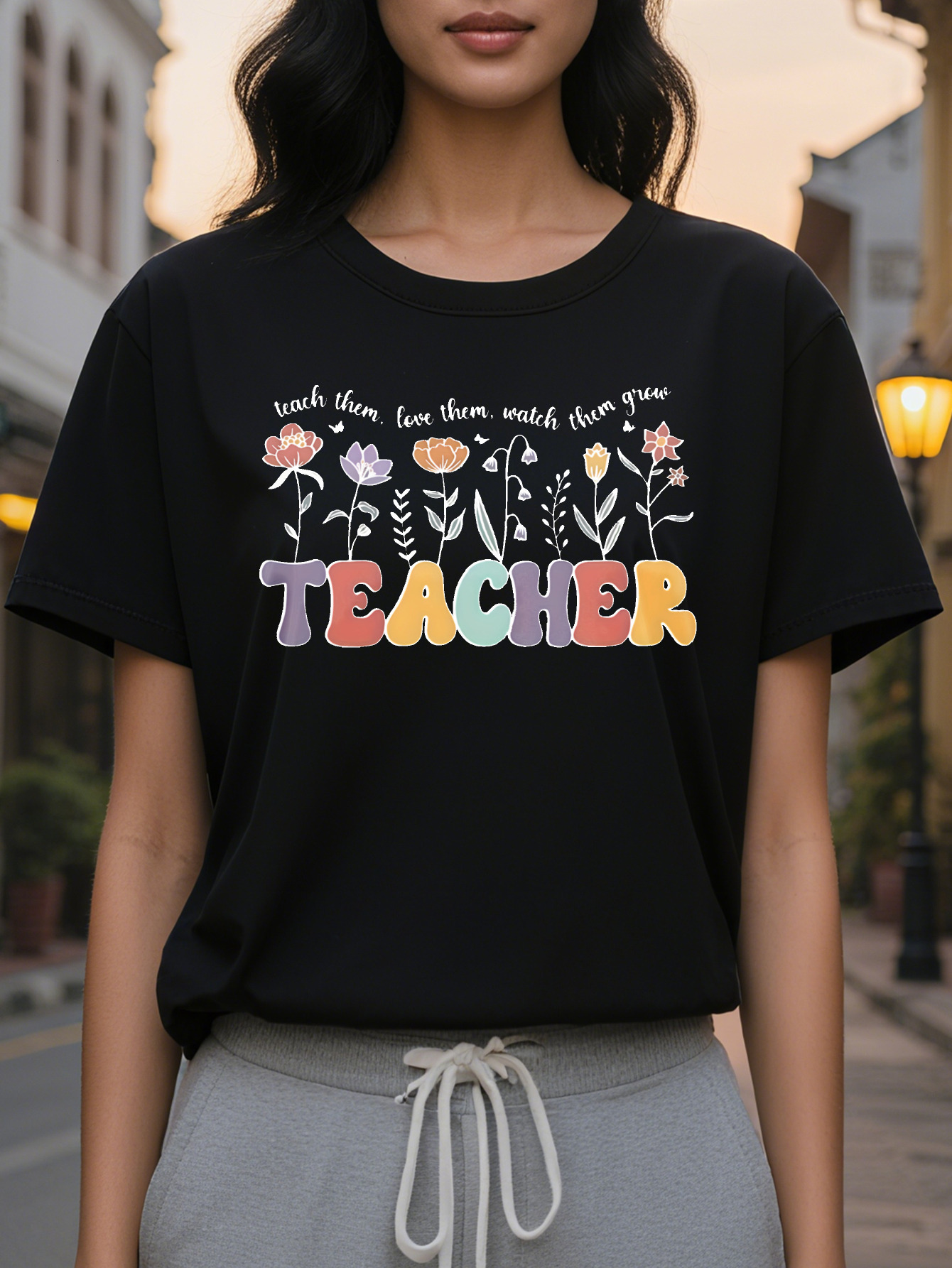 Women's TEACHER pattern T-shirt Distinctive short sleeved round neck casual top for spring and summer season black with
